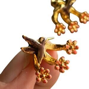 Vintage JJ hummingbird and cherry blossom gold town stud earrings